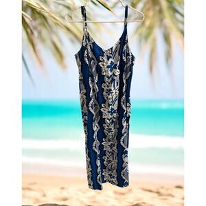 Tiki Palm Long Hawaiian Slip Dress Size M Womans Blue White Floral surfboards